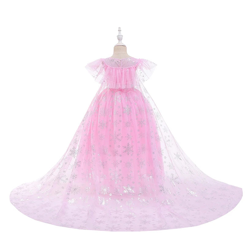 Girls pink sequined mesh princess dress, mesh short sleeves, with cape, suitable for party, dance, performance, carnival dress