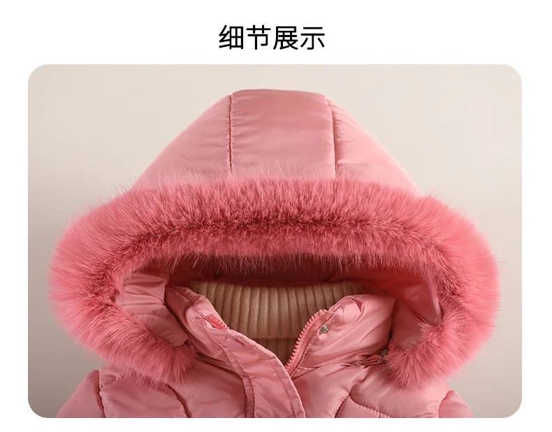 2025 Winter New Girls Jacket Long Solid Color Lining Berber Fleece Thick Warm Hooded Parka For 4-10Y Girls Bow Fashion Snowsuit