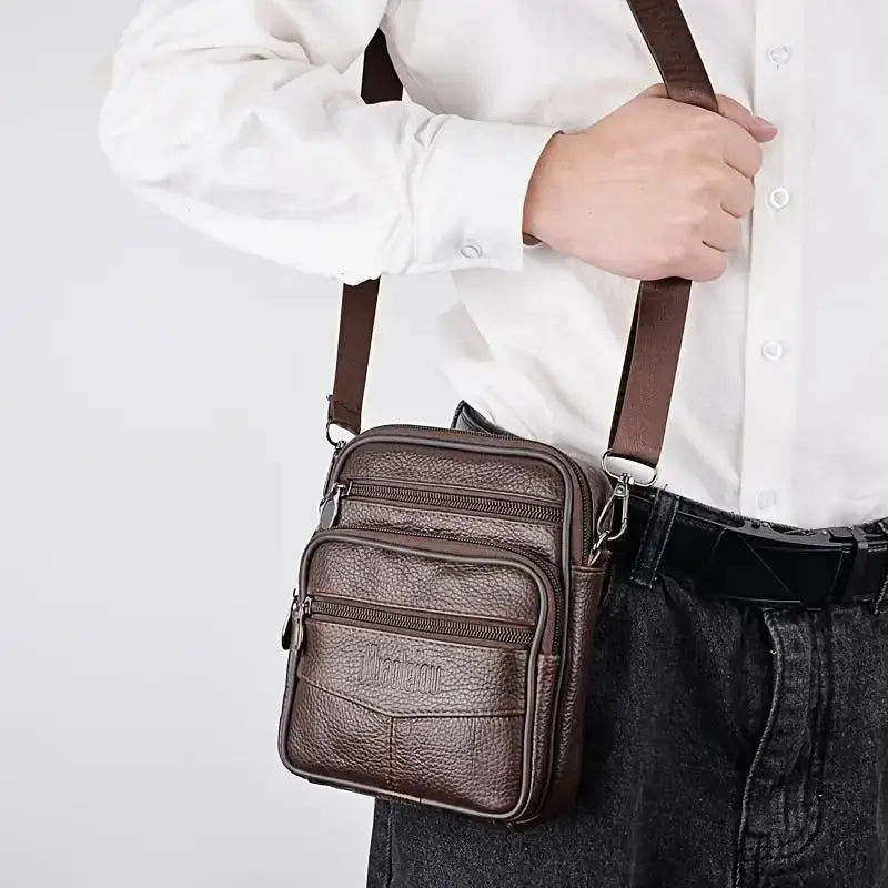 Men’s Genuine Leather Crossbody Bag,Double Zipper Small Shoulder Bag,Compact Multi-Pocket Sling Bag for Everyday Carry