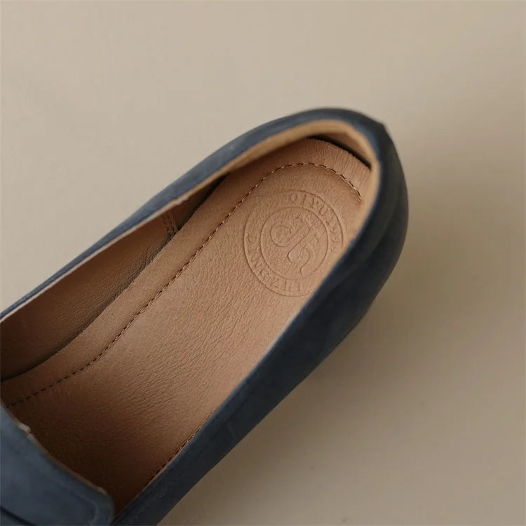 2024 Spring New GENUINE LEATHER Women Shoes LEISURE Women Slip-On Shallow Pumps Square Toe Heels Shoes Women Zapatos De Mujer