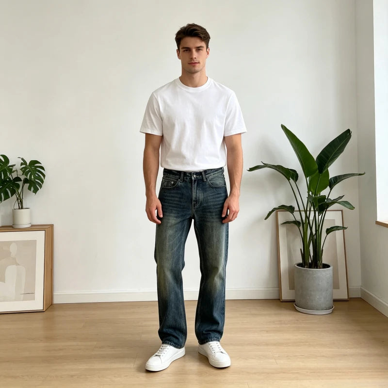 Bootcut Jeans Denim Pant Men Vintage Washed Distressed Y2k Streetwear Work Casual High Waist Straight Trousers Loose Spring 2026