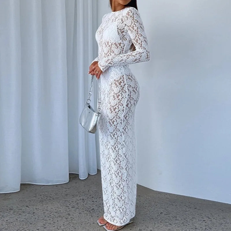 New Spring and Summer Fashion Crew Neck Women's Lace Long Sleeve Dress Elegant Sheer Sexy Slim-fitting Casual Women's Long Dress