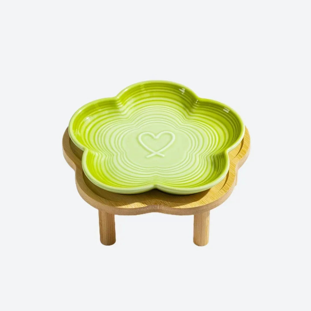 High Aesthetic Ceramic Pet Bowl with Wood Stand, Shallow Dish for Cat Snacks, Cute Bow Knot Pattern, Cat Food Dish,Home Kitchen