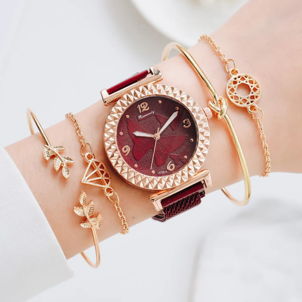 1Sets Luxury Women Watch Set Geometric Bohemian Gold Tassel Bracelets for Women Metal Quartz Wristwatches Bracelet Jewelry Gifts