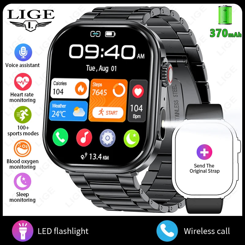 LIGE Women Smart Watch 2.01" IP68 Waterproof Outdoor Sports Tracker LED Flashlight Bluetooth Call Men Smartwatch For Android iOS