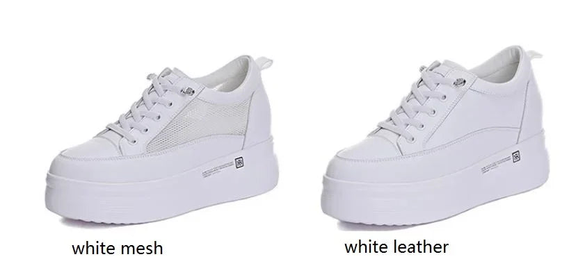 7cm Women Shoes Genuine Leather White Air Mesh Sneakers Chunky Shoes Platform Wedge Spring Autumn Breathable Summer Shoes 40