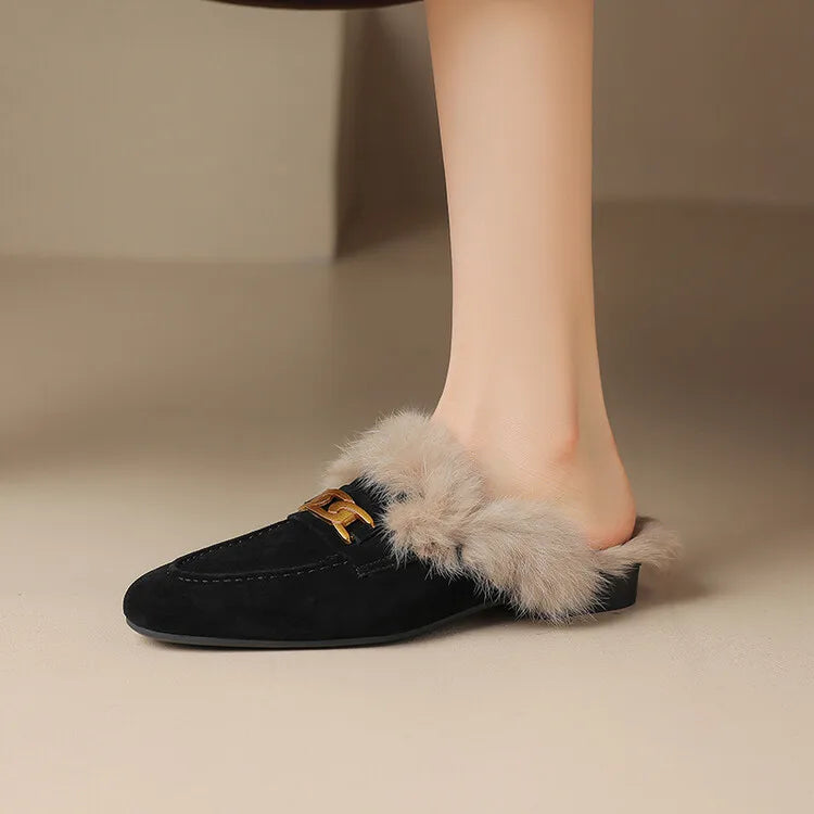 2023 Winter Sheep Suede Women Shoes Rabbit Hair Mules Shoes for Women Round Toe Low Heel Slippers Chunky Heel Cover Toe Slippers