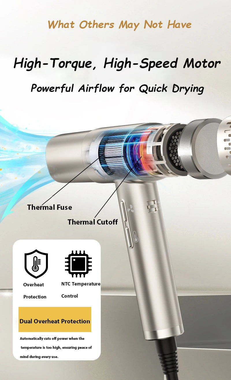 High-speed hair dryer with LCD display, 110000RPM, negative ion, T-shaped, lightweight, brushless motor, quick-drying, low noise