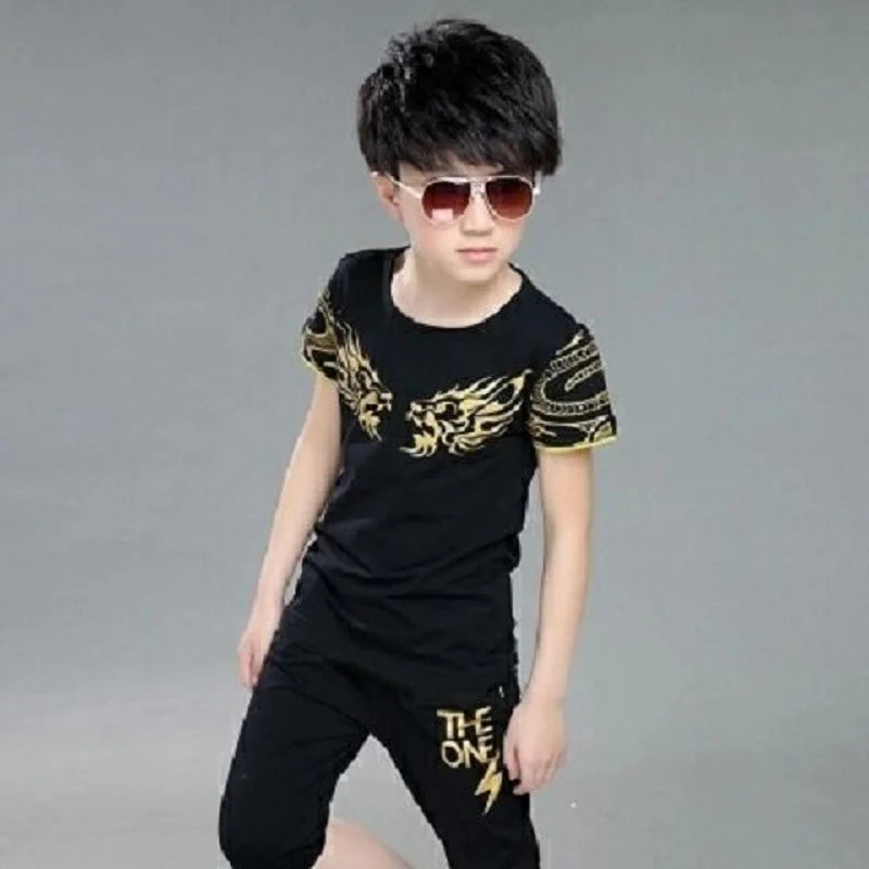 2024 New Boy Suit Summer Children's Clothing Cotton Casual T-shirt + Shorts 2 Piece Boys Set Dragon Pattern For 6 8 10 12 Years