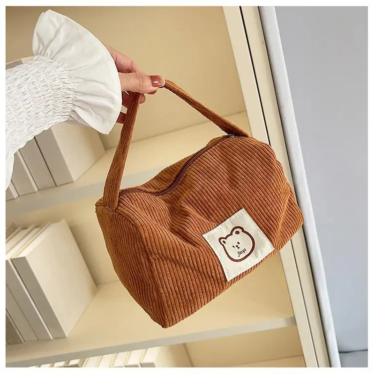 Bear Large Makeup Bag for Women Corduroy Cosmetic bag Make up Bags Zipper Pouch with handle Cosmetic Organizer Toiletry Bag