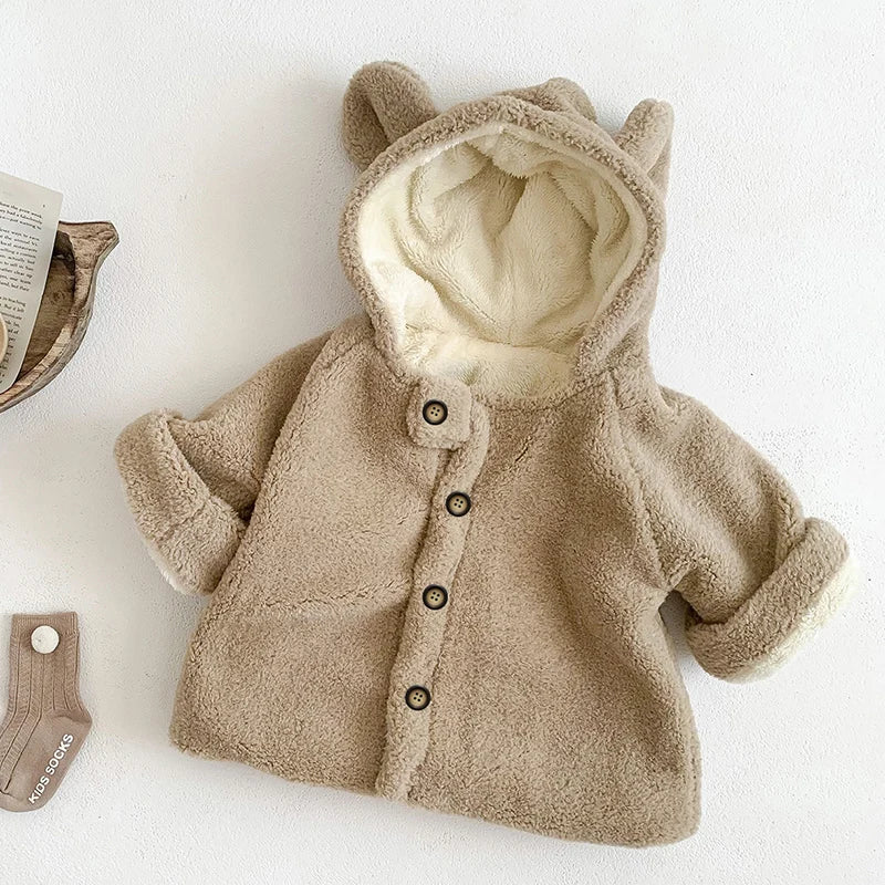 Winter Style Newborn Baby Girls Boys Solid Color Hooded Plush Cardigan Coat Toddler Baby Girl Boys Thicken Warm Jacket