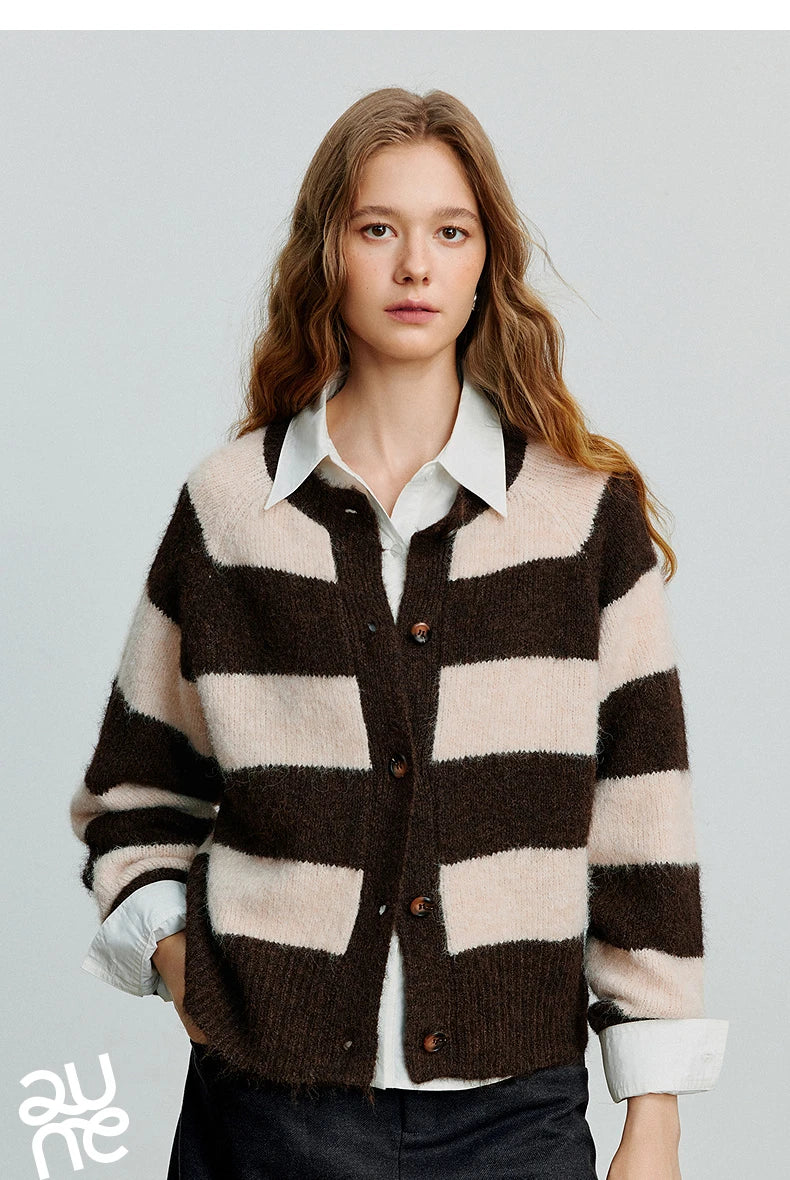 TOYOUTH Women Sweater 2025 Autumn New Color Contrasting Lulu Style Striped Cardigan Tops