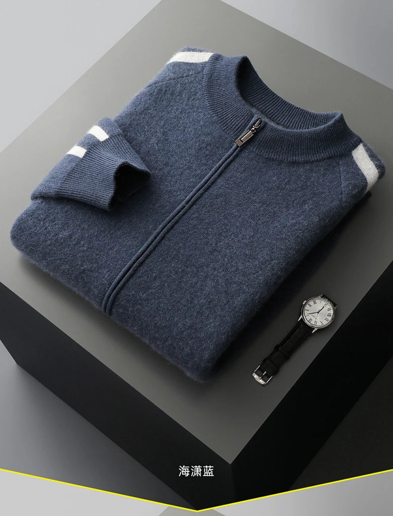Winter Cashmere Sweater Men's Round Neck Knitted Jacket Contrast Striped Zipper Cardigan Youth Wool Thick Sweater
