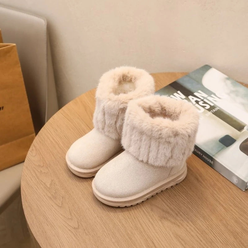 2025 Winter Classic Children Furry Snow Boots Beige Outdoor Girls Fashion Ankle Cotton Boots Warm Soft Kids Causal Ankle Boots