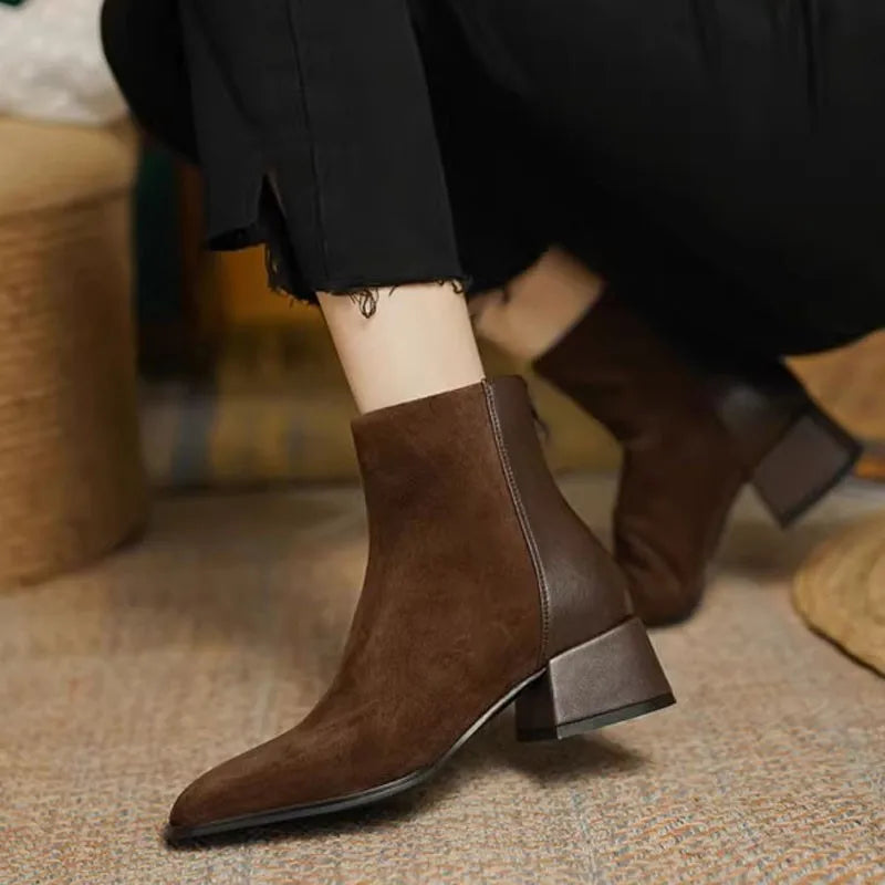 Women's winter boots fashionable round-toe modern leather suede blend ankle boots with zippers on the back, low heel nude boots