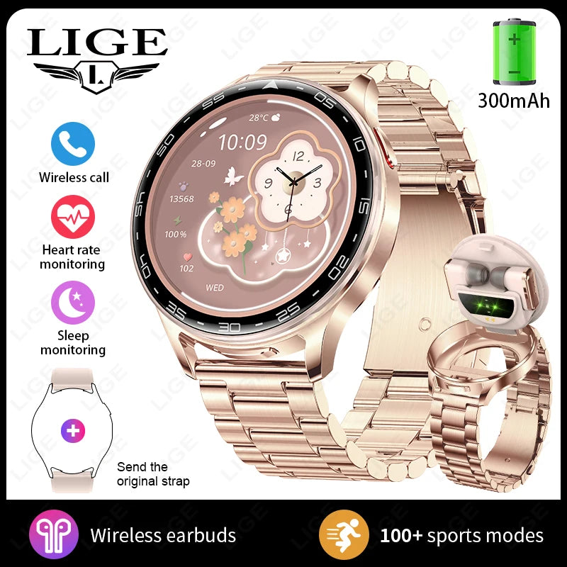 LIGE 2 In 1 TWS Headset Smart Watch 1.39" Women Men Sport Fitness Heart Rate Health Tracker Watches Earphone Music Smartwatch