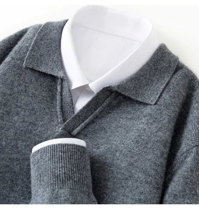 Autumn/Winter Men's 100% Pure Cashmere Pullover Business Casual Solid Knitted Sweater Loose Collar Tops Thick Warm Base Jumper