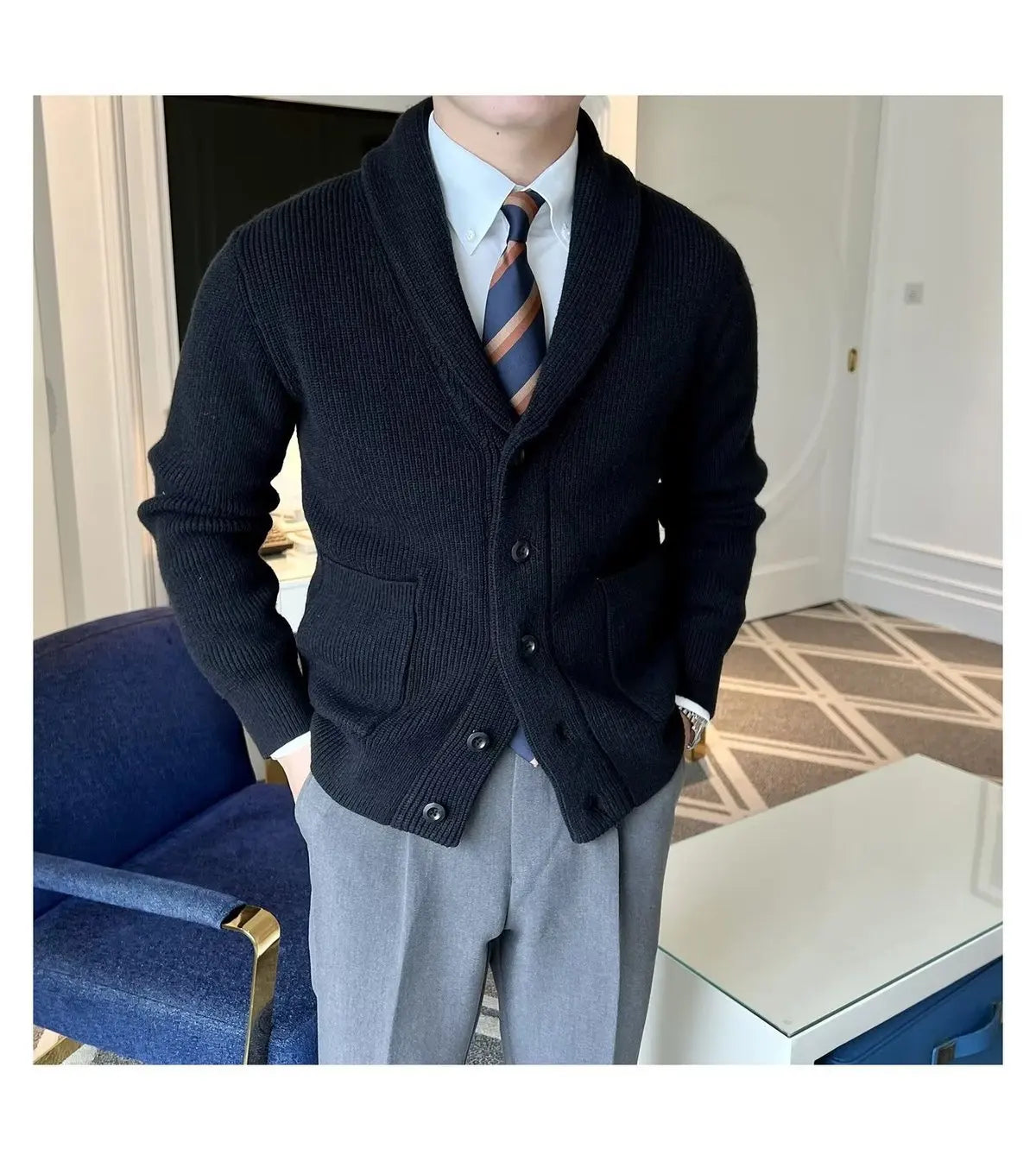 Men's Clothing Cardigan Jacket V Neck Coat Knit Sweater Male Plaid Elegant Casual Long Sleeve 100% Korean 2024 Autumn Classic