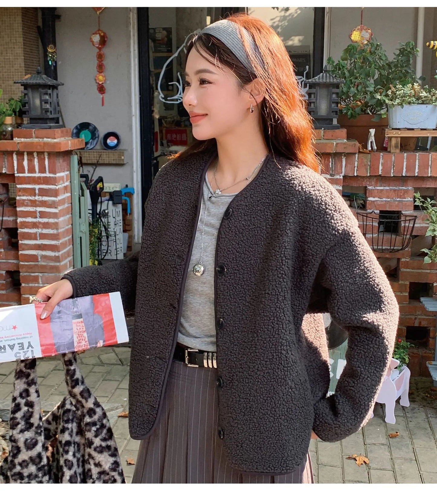 Round Neck Imitation Cashmere Jacket for Women Autumn Winter New Polar Fleece Casual Cardigan Long-sleeved Loose Top