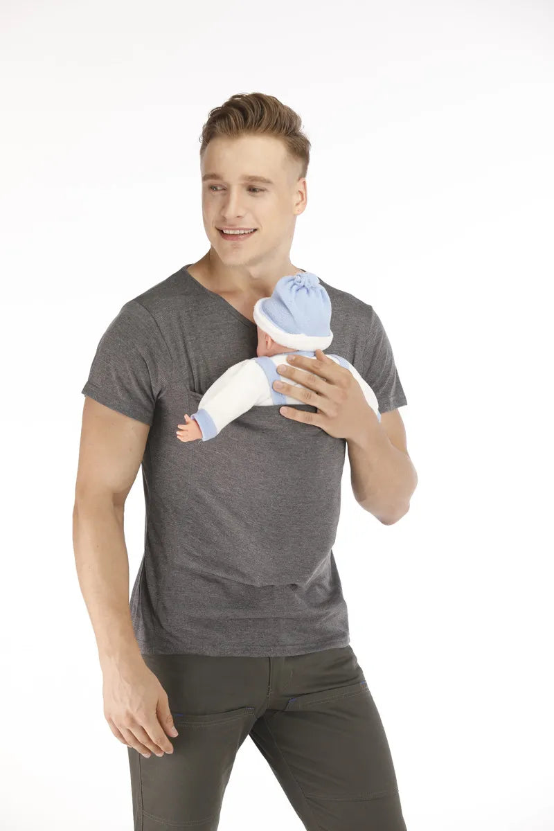 Kangaroo Safety Pocket T-Shirt Baby Summer Pregnancy Carrier Feeding Nylon Cotton Clothing Father Mother Short Sleeves Tops