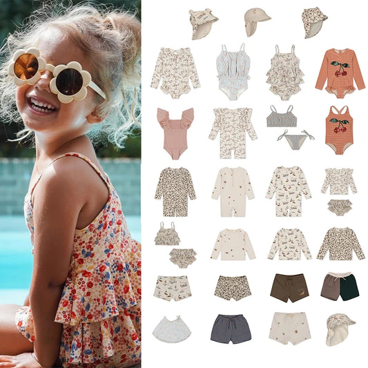 Kids Swimwear 24 Summer Girls Beach Swimsuit Girls Split Suspenders Swimsuit One-piece Swimsuit Boys Swim Trunks Beach Pants