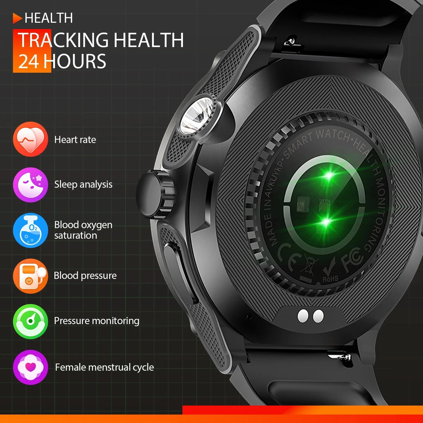 Hot Outdoor Military Smart Watch Men LED Strong Light AMOLED Screen Heart Rate Compass Bluetooth Call 3ATM Waterproof Smartwatch