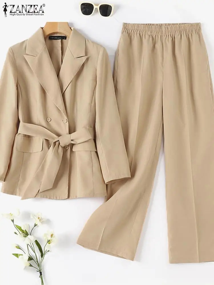 ZANZEA Fashion OL Blazer Suit Long Sleeve Lapel Neck Tops Wide Leg Pants 2pcs Woman Elegant Party Matching Sets Vintage Outifits