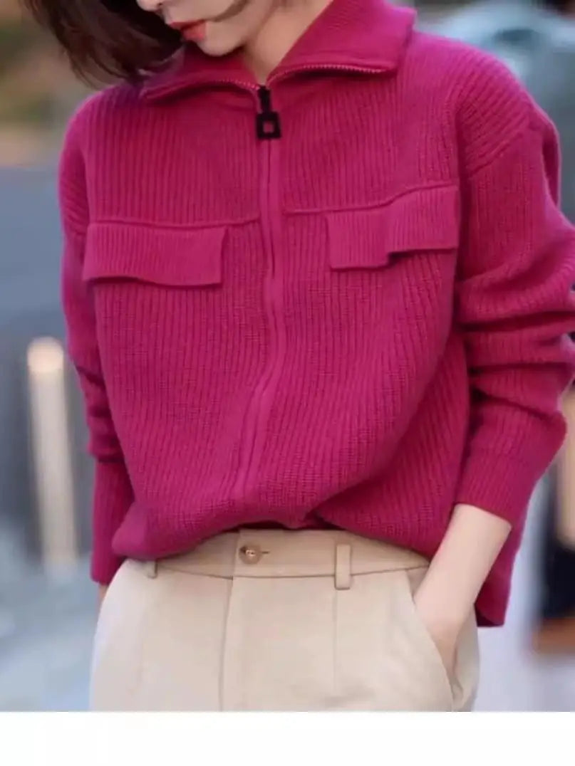 New 100% pure cashmere cardigan in autumn and winter women's POLO collar cashmere rose red coat knitted hooded sweater