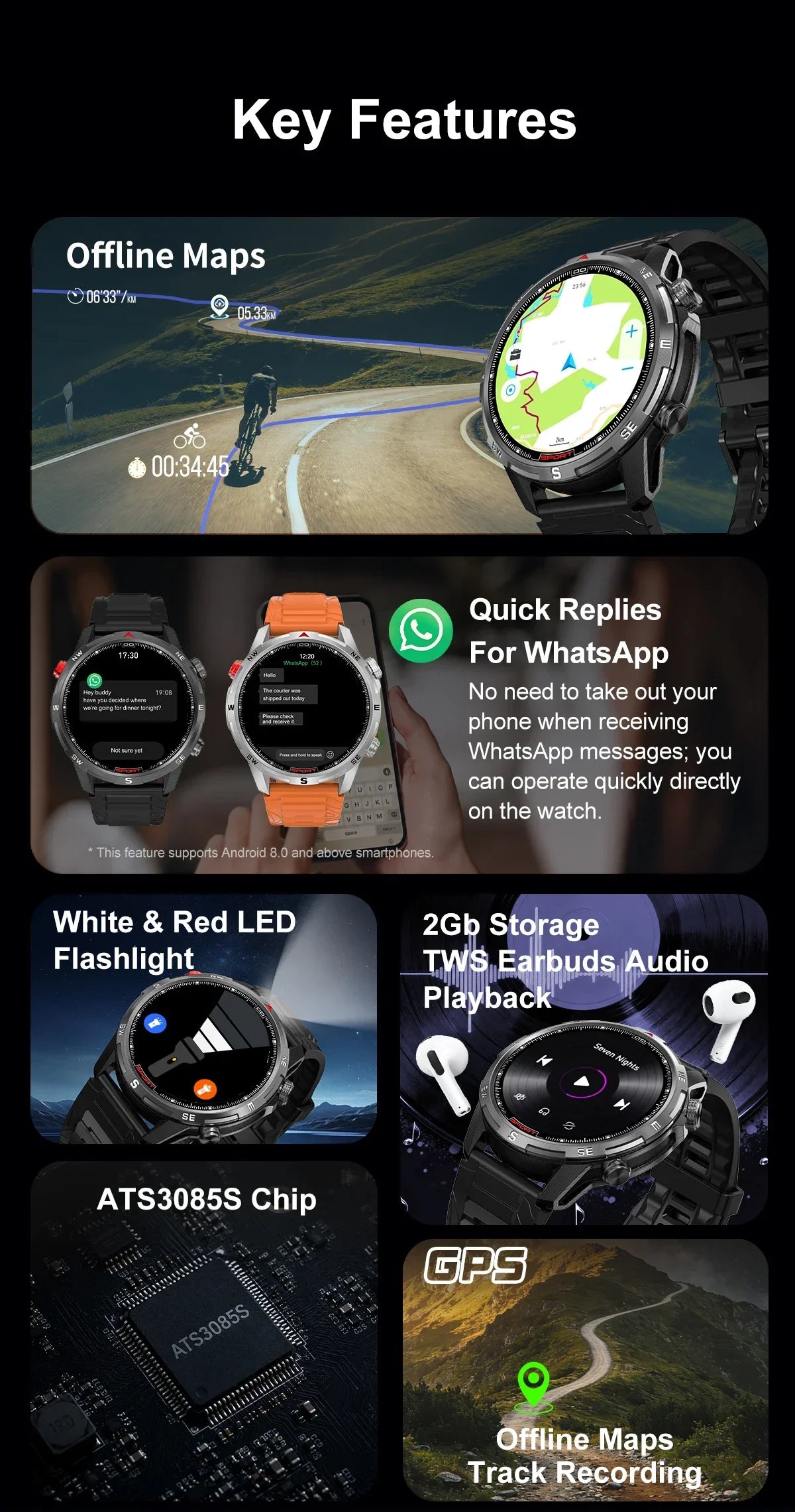 New Outdoor Smart Watch 1.43inch Screen 2GB Memory Map Navigation GPS Positioning 5ATM Waterproof LED Flashlight Smart Watch