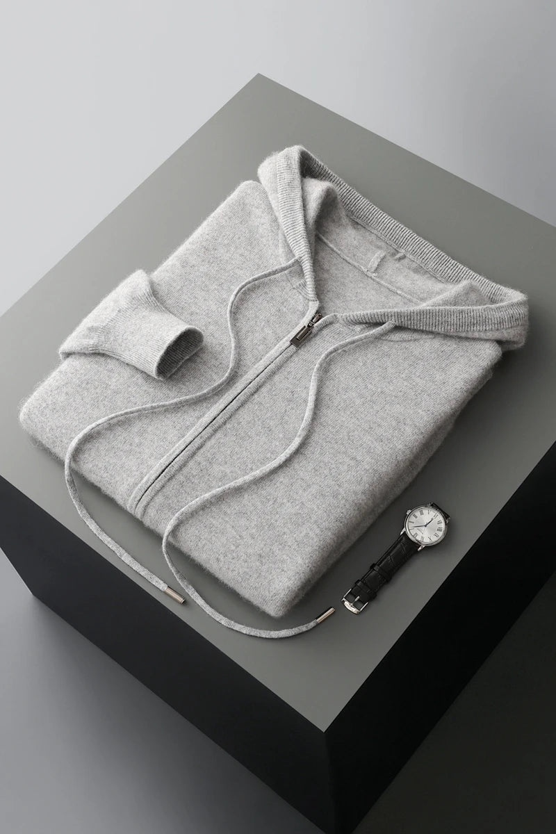 2025 New Men Knitted Plane Hooded Cardigan Cashmere Sweater Zipper Design Pocket Decoration High quality Thick Warmth Hoodie