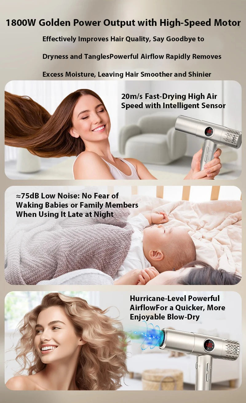 High-speed hair dryer with LCD display, 110000RPM, negative ion, T-shaped, lightweight, brushless motor, quick-drying, low noise