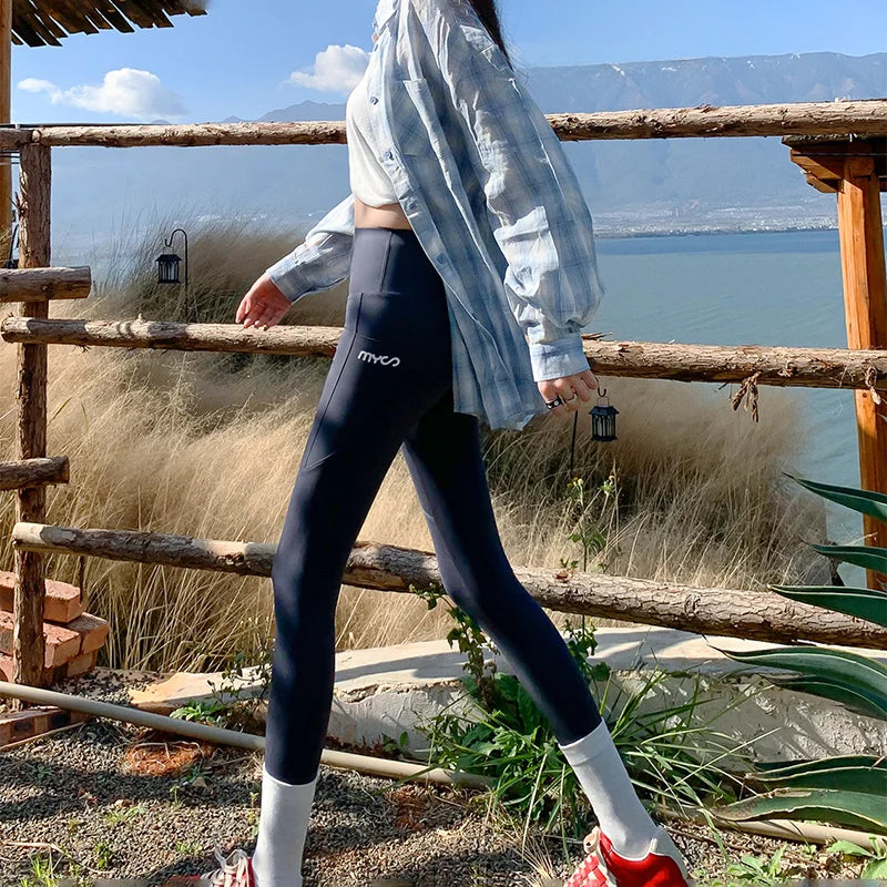 Spring Autumn Thin Sharkskin Leggings Women Side Pocket Hiking Cycling Sports Leggings Woman Naked Feeling Stretch Leggings Lady