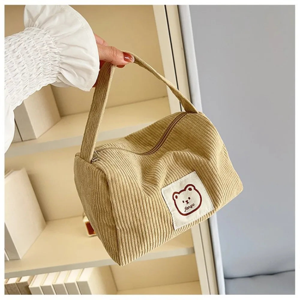 Bear Large Makeup Bag for Women Corduroy Cosmetic bag Make up Bags Zipper Pouch with handle Cosmetic Organizer Toiletry Bag