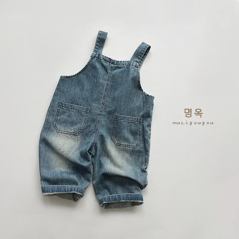 Spring New Boys Denim Overalls Girls Casual Jeans Fashion Kids Loose Strap Trousers Toddler Sleeveless Jumpsuit Children Clothes