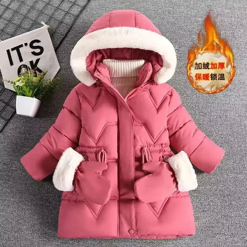 2-8 Years Warm Winter Girls Jacket Fur Collar Removable Hat Plush Lining Heavy Hooded Kids Coat Children Outerwear Send Gloves