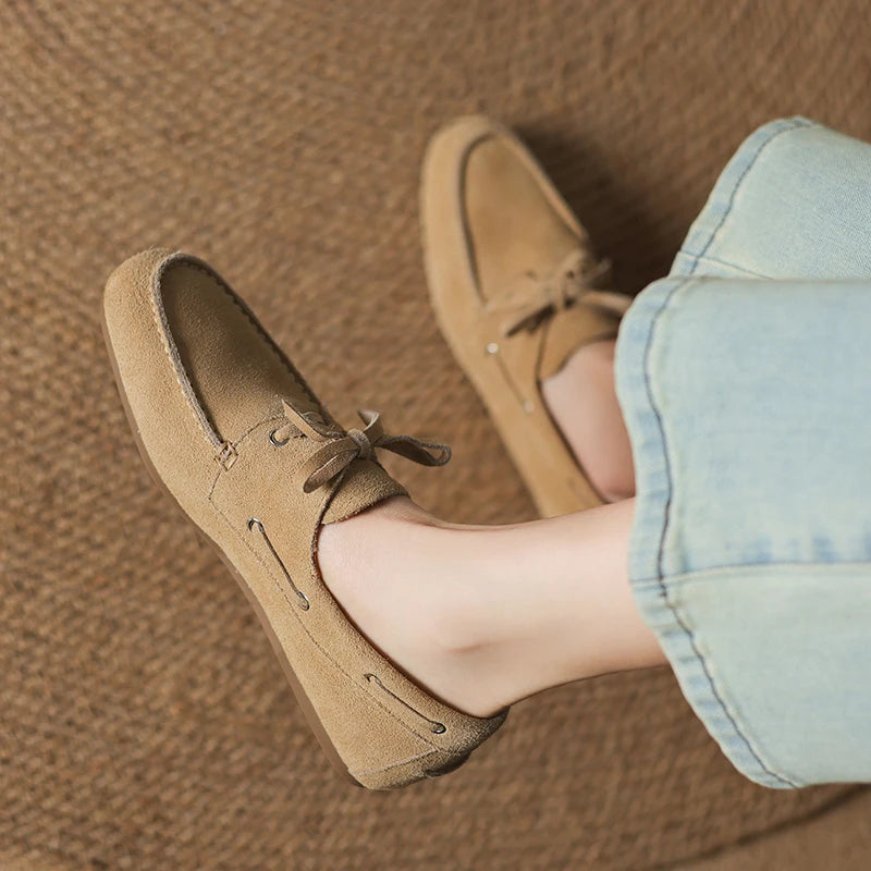 2026 New Spring Genuine Leather Women Shoes Round Toe Women Flats Shoes for Women Retro Lace Up Loafers Fashion Ladies Shoes