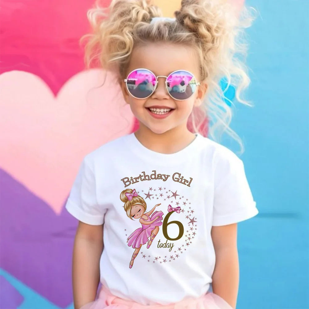 Ballerina Printed Girls T-shirt 1-9 Year Birthday Shirt Girl Party Outfit Tops Kids Short Sleeve Tshirt Toddler Birthday Clothes