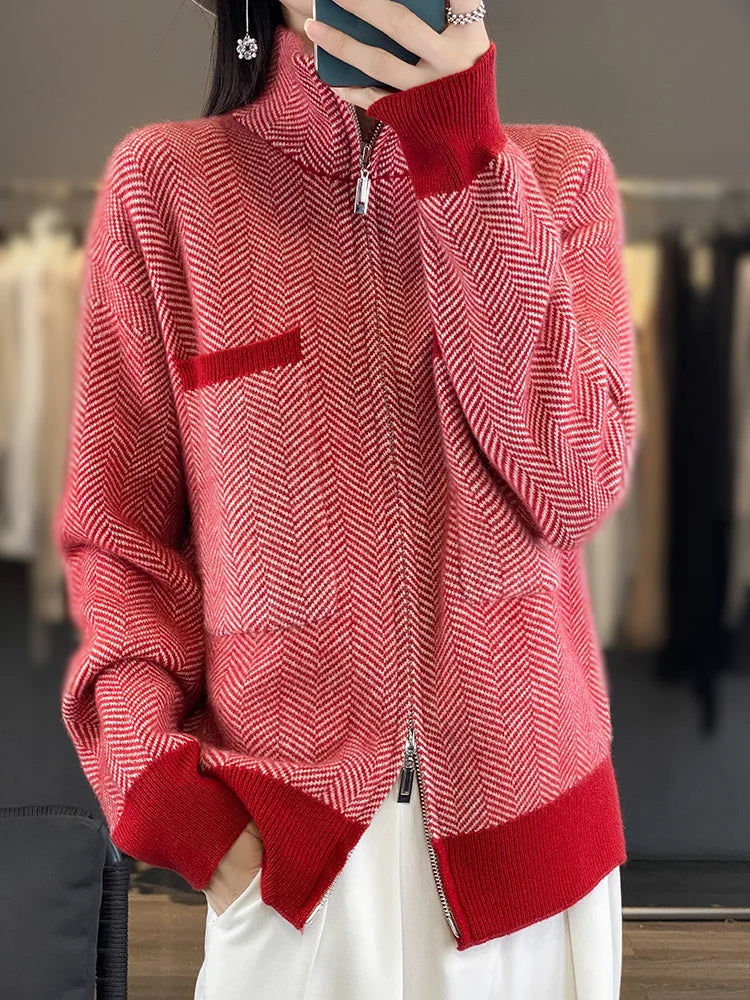100% Merino Wool Women Sweater Casual Turtleneck Fancy Yard Cardigan Female Knitwear Long Sleeve Cashmere Overcoat Clothing Tops