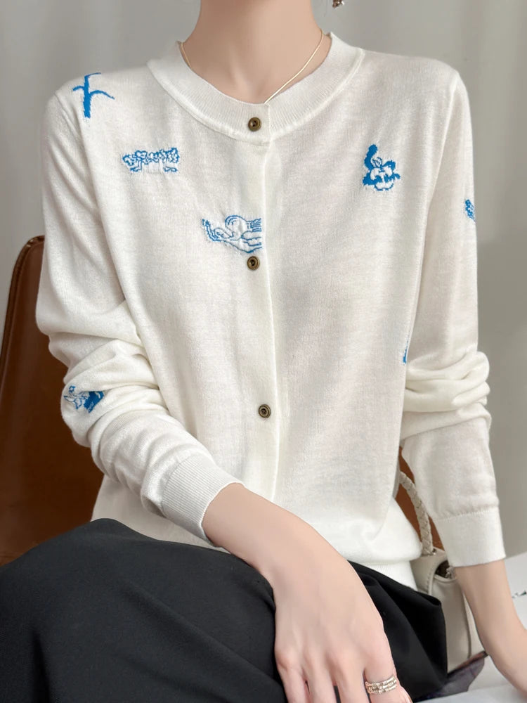 2025 New Merino Worsted Wool Women Sweater Spring Female Knitted Cardigan Long Sleeve Solid Clothing Tops Embroidery Outerwear