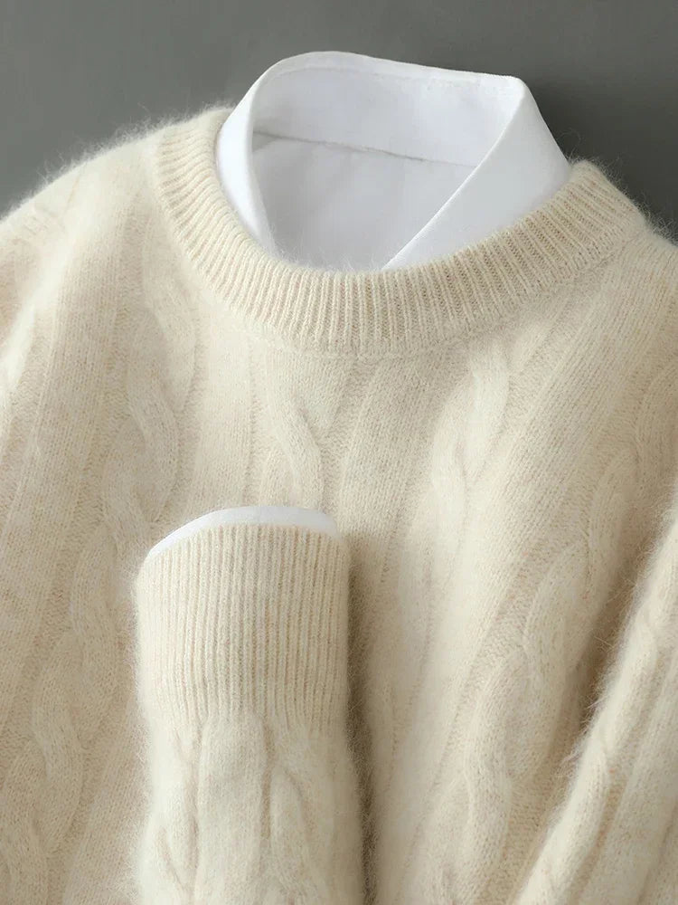 Mink Cashmere Cable Knit Pullover for Men O Neck Casual Autumn Winter Sweater Top