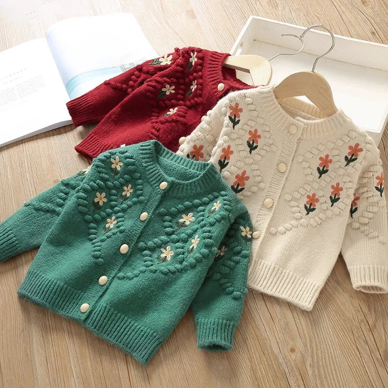 Ropa de otoño para niña, suéteres con flores dulces para niño, cárdigan de punto bordado, ropa de abrigo cálida para niño, ropa coreana para niña bebé