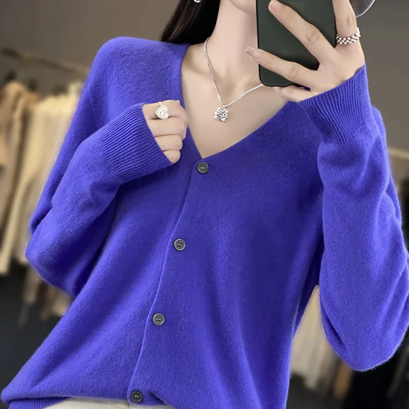 New Fashion Spring Autumn 100% Merino Wool Women's V-neck Cardigan Cashmere Sweater 2024 Female Knitwear Clothing Korean Tops