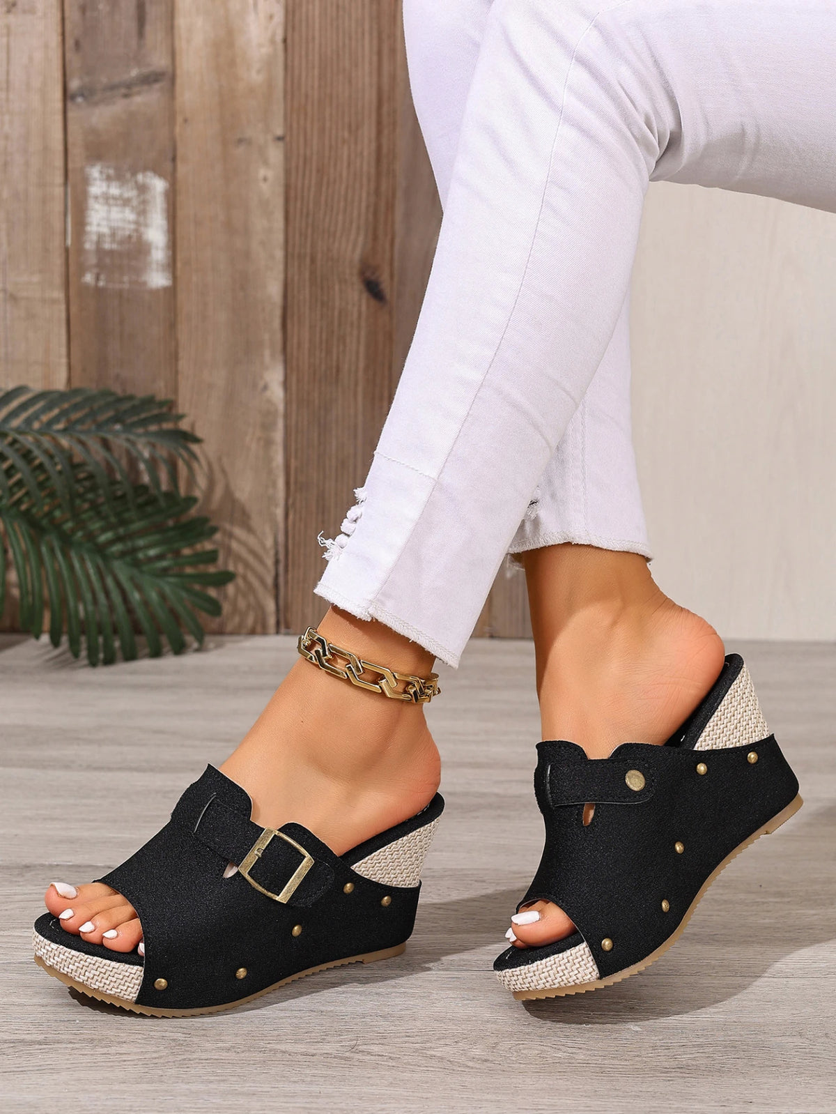 Summer Women's Espadrille Wedge Mules Black White Adjustable Buckle Open Toe Platform Sandals Rivet Decor Casual Slip-On Shoes