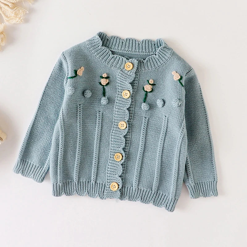 Winter Spring Baby Girl Knitted Clothing Long Sleeved Floral Embroidery Sweater Coat Newborn Baby Girls Knitting Cardigan