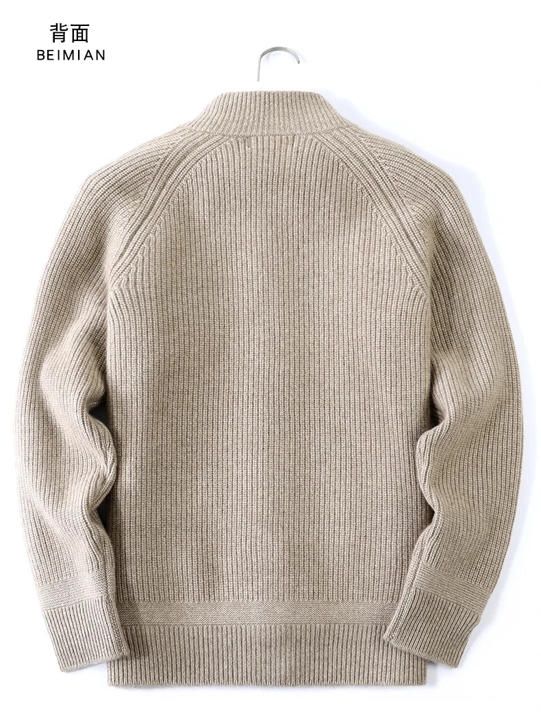 100% Pure Cashmere Sweater for Men's Cardigan Half Turtleneck Knitted Jacket for Winter High-End Business Thickened Sweater