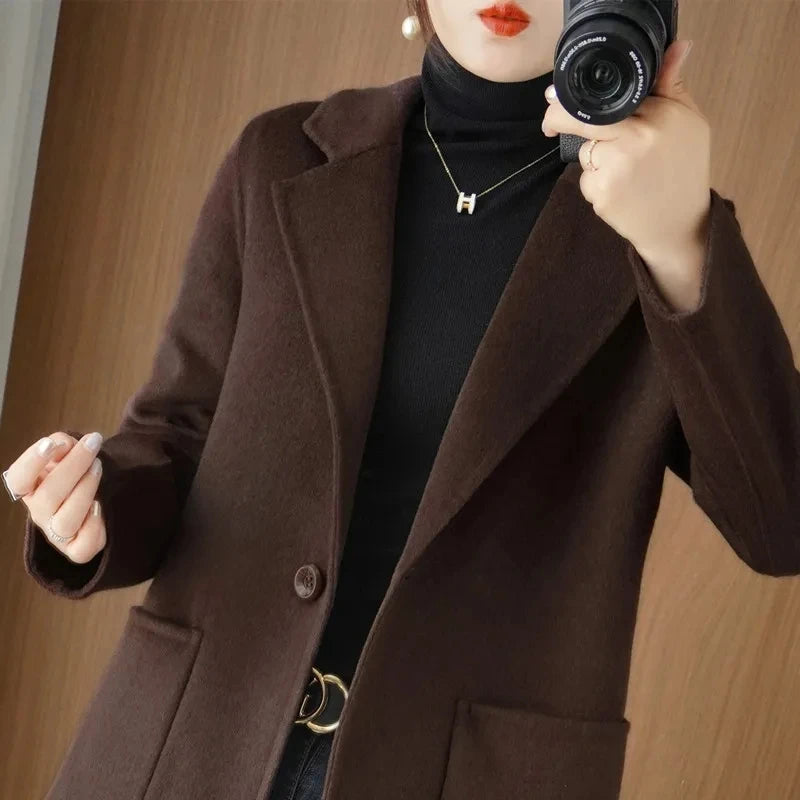 100% Pure Wool Double-Sided Cashmere Jacket Women Overcoat  Autumn Winter New Mid-Length One-Button Slim Wool Windbreakers coat