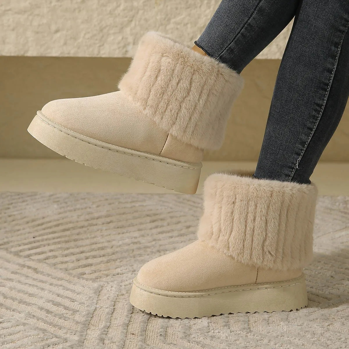 Shoes for Women Winter Slip on Women's Boots Black Round Toe Solid Flock Plush Warm Mid Heel Water Proof Casual Snow Boots Women