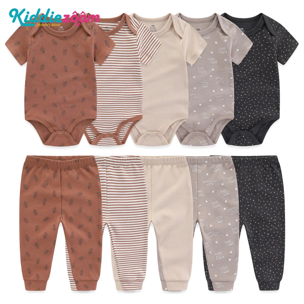 Kiddiezoom 10 Pcs/Lot Four Seasons Fashion Unisex Baby Boy Girl Clothing Set Soft Newborn Bodysuits+Pants Infant Outfit Gift