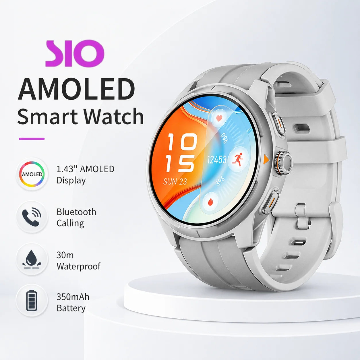 SIO GTR6 Smart Watch with AMOLED Screen, Bluetooth Call, Heart Rate & SpO2 Monitor, Magnetic Charging, iOS/Android Compatible