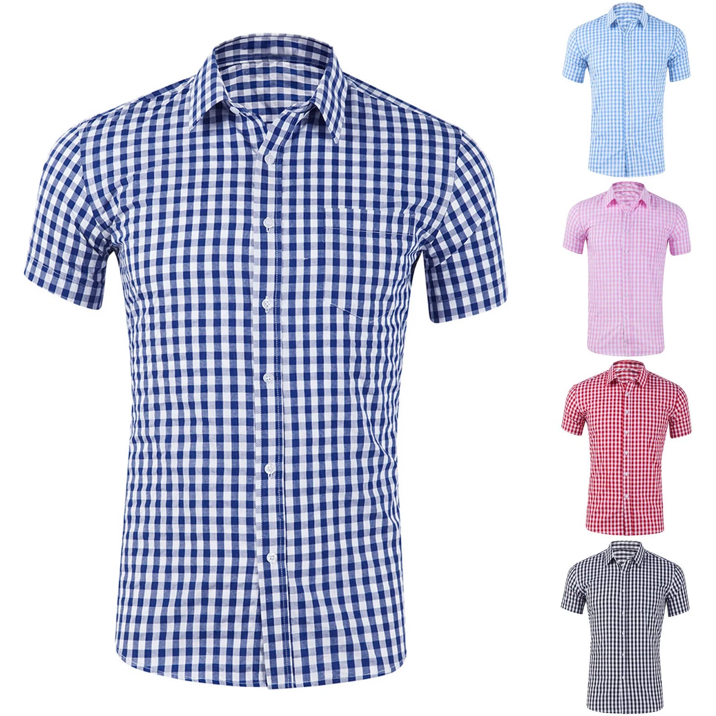 Men's Plaid Print Shirt Pocket Short Sleeve Turn Down Collar Shirt Summer Button Single Breasted Pullover Tops Elegant Blusas